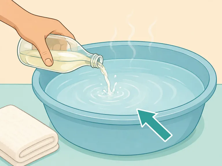 Hand diluting a small amount of vinegar in a basin of warm water.