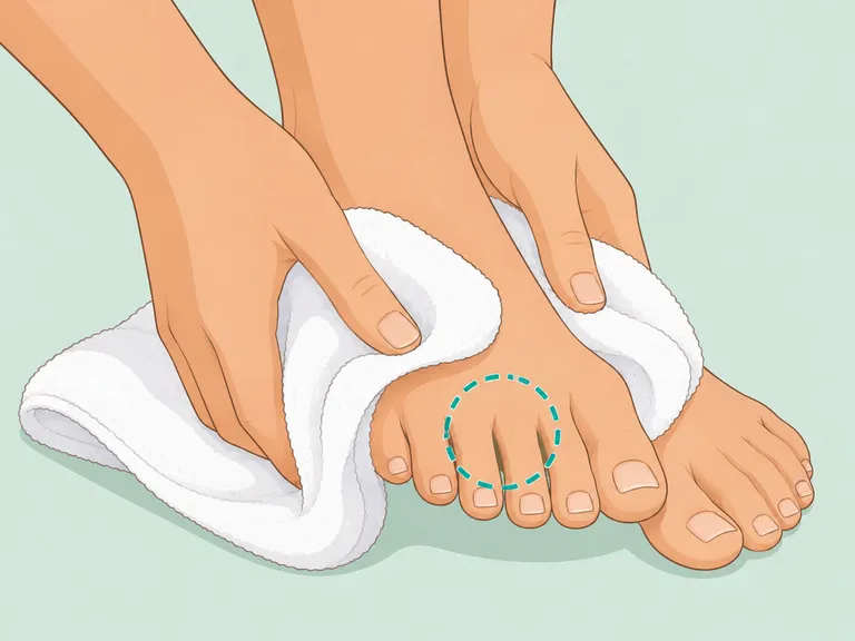 Hands drying carefully between the toes after a foot soak.
