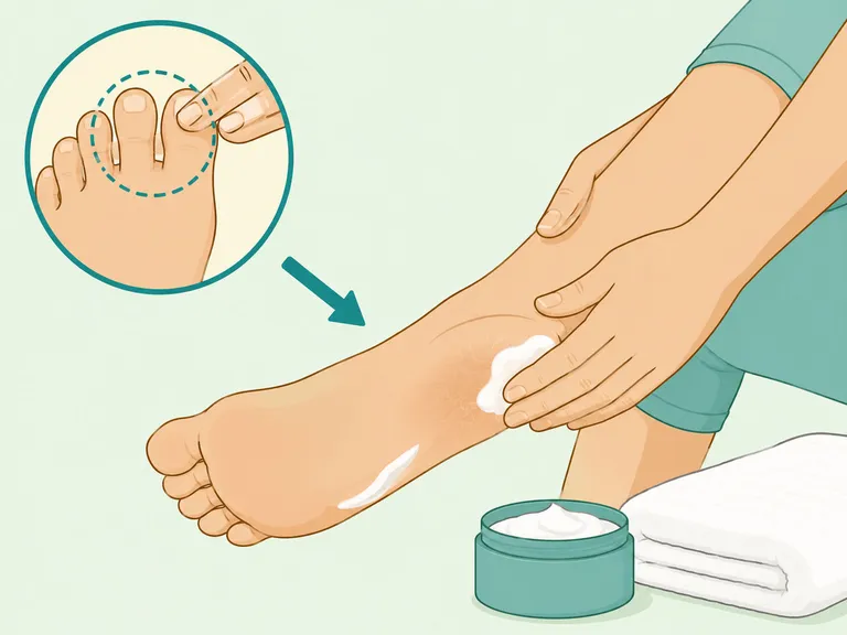 Person moisturizing dry heels after drying feet.