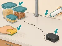 Illustration showing four ant control actions: cleaning, sealing food, closing cracks, and placing bait.