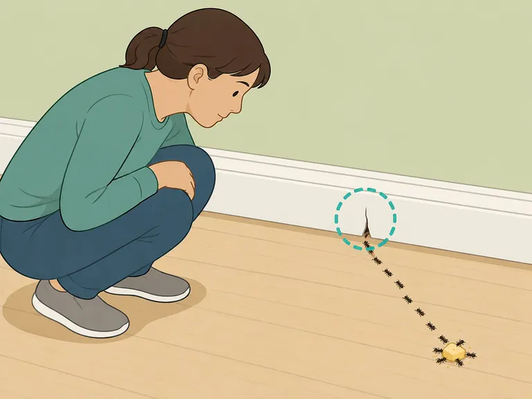 Person following an ant trail to find where ants enter the home.