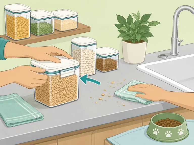 Hands sealing food containers and removing crumbs that attract ants.