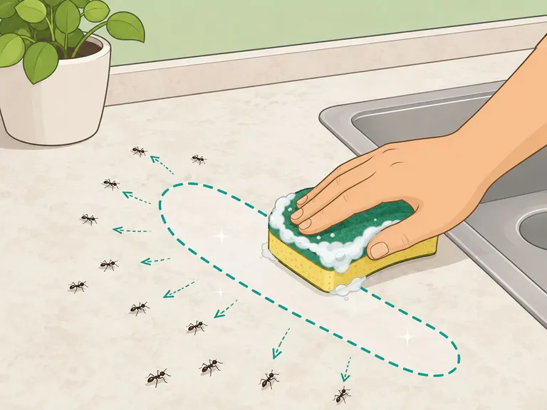 A soapy sponge wiping away an indoor ant trail.