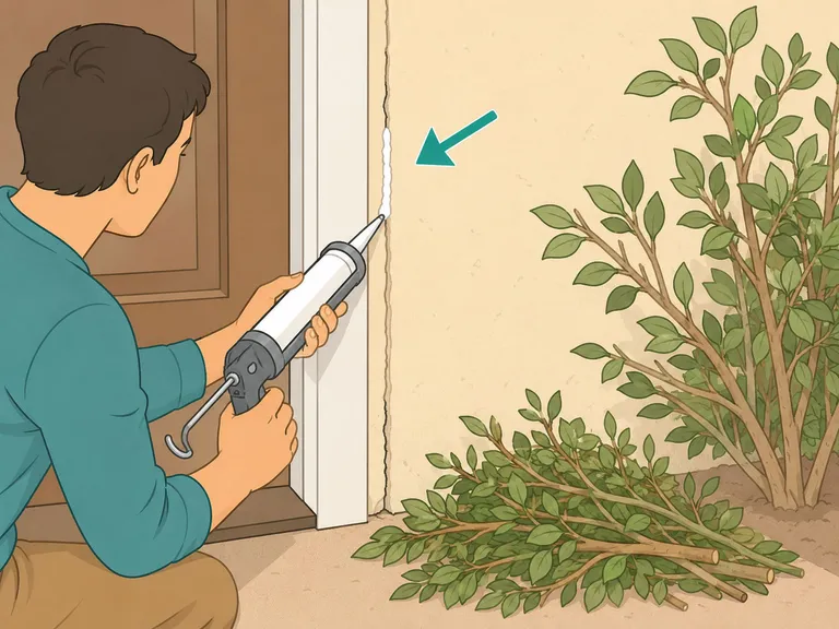 Person sealing a crack near a door to block ants.