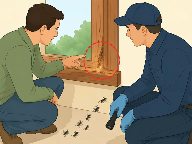 Homeowner pointing out possible carpenter ant signs to a pest professional.