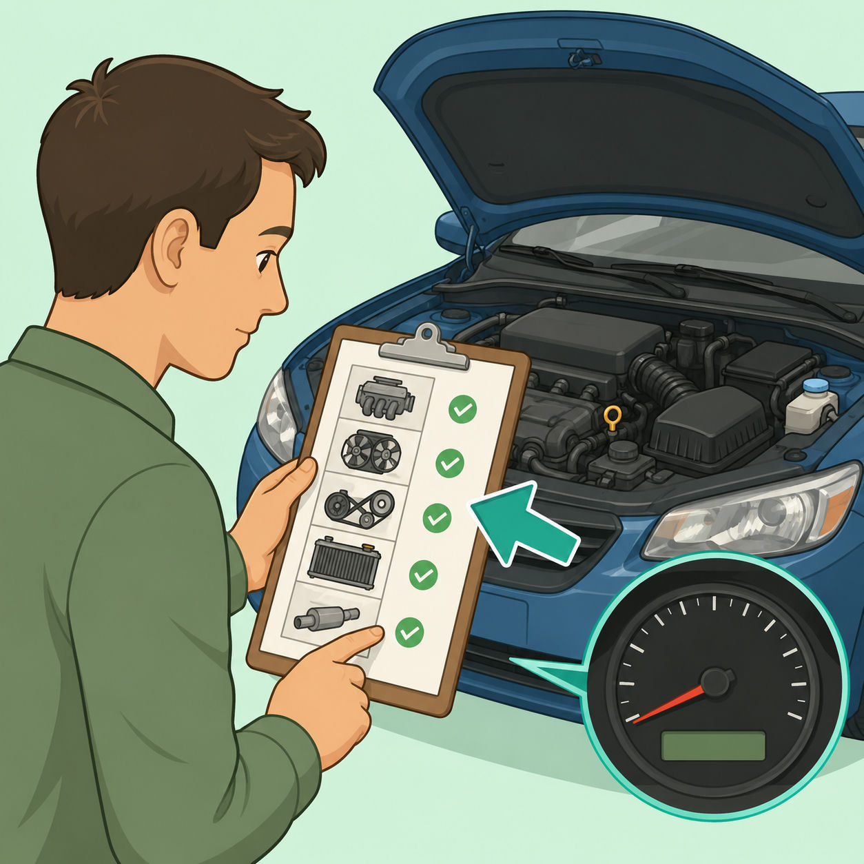 Illustration of a buyer comparing long-lasting engine options with a checklist beside an open car hood.