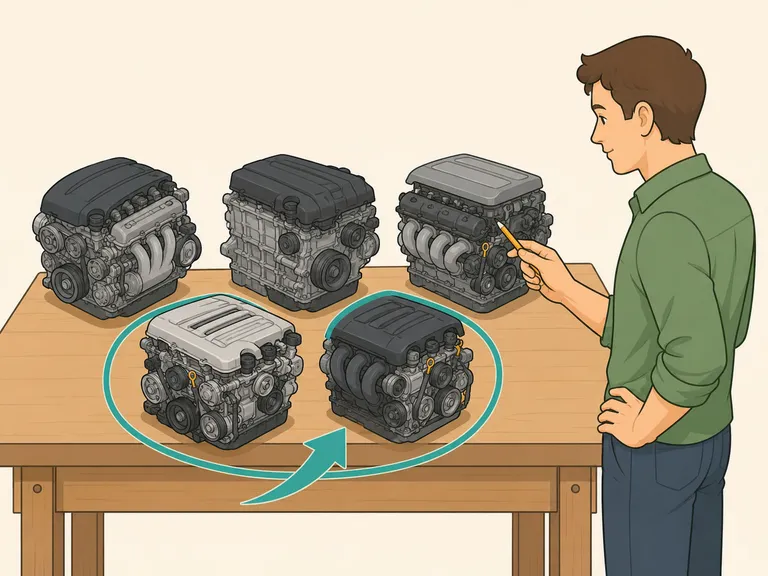 A buyer reviewing five candidate engine families on a workbench.