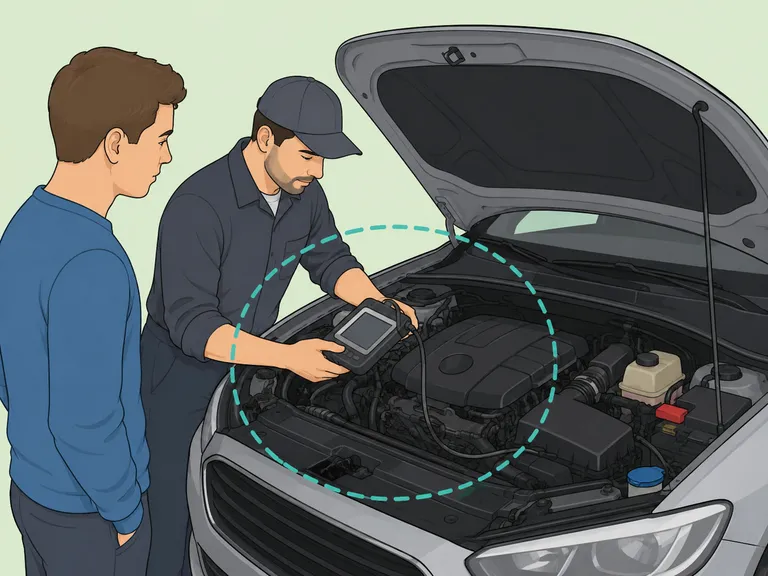 A mechanic performing an independent pre-purchase engine inspection.