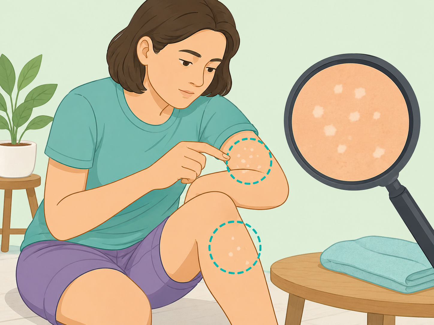 Person calmly checking small white spots on an arm and leg.