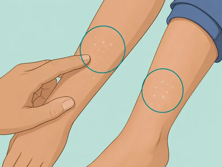 Small flat white spots being checked on an arm and leg.