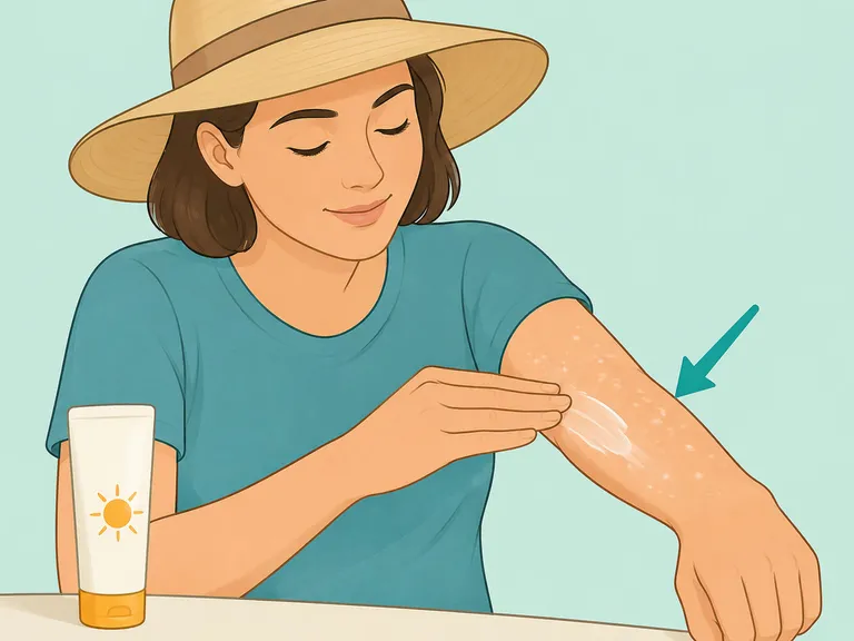 Person applying sunscreen over small white spots on the arm.