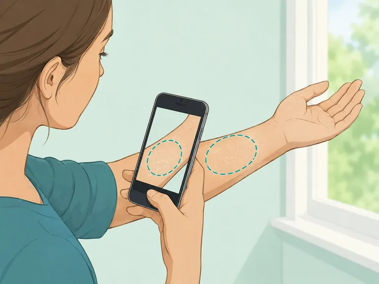 Person photographing small white spots to track changes.
