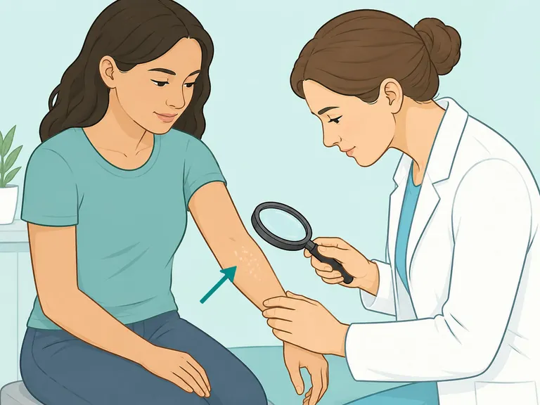 Dermatologist checking an unusual white spot on a forearm.