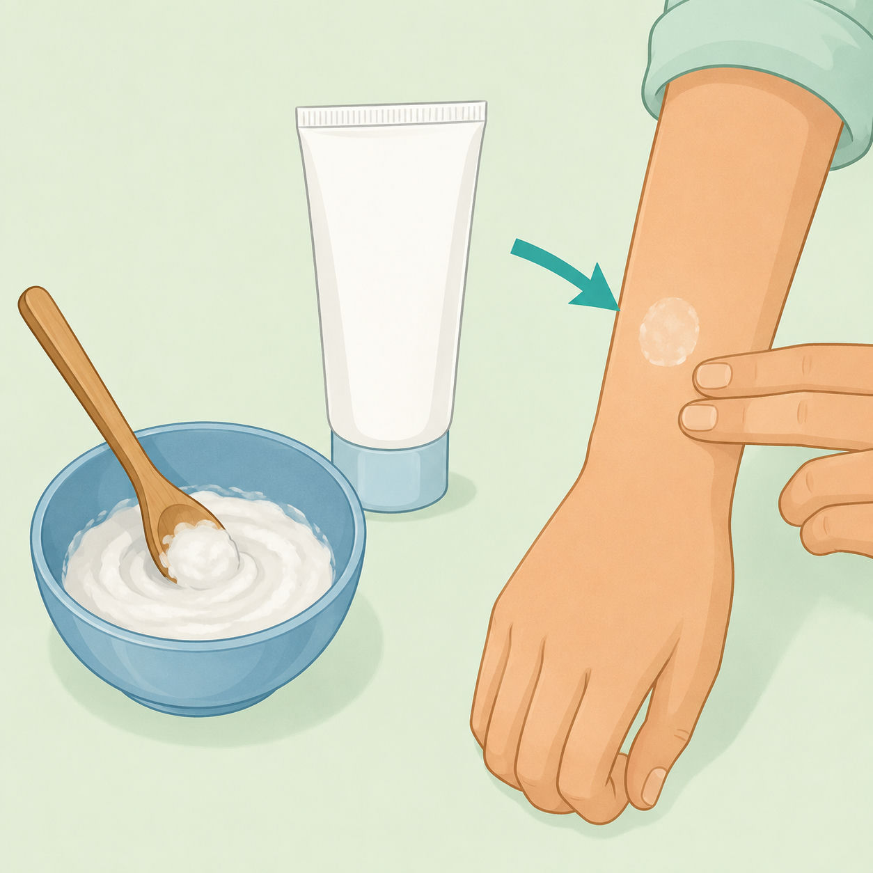 Illustration of a small bowl of baking soda cream with a patch test on skin.