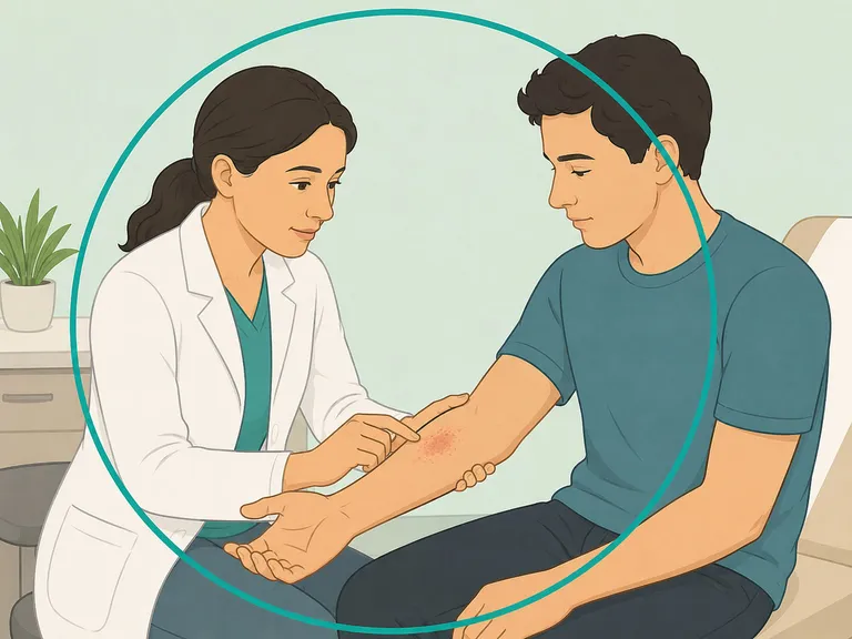 Dermatologist checking irritated skin on a patient's arm.