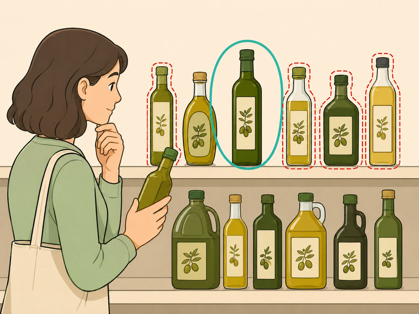 A shopper comparing olive oil bottles and highlighting the best choice.
