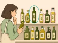 A shopper comparing olive oil bottles and highlighting the best choice.