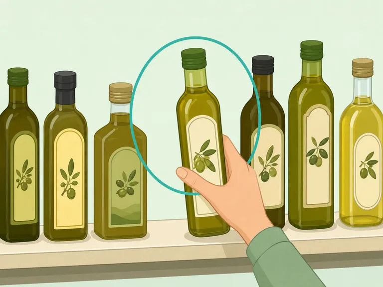 A hand choosing the cleanest reported olive oil bottle from a shelf.