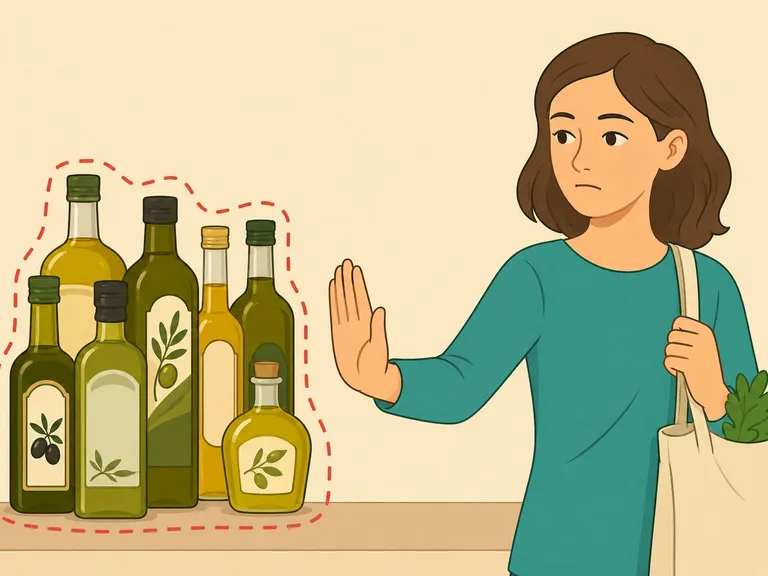 A shopper avoiding olive oil bottles flagged for concerning plasticizers.