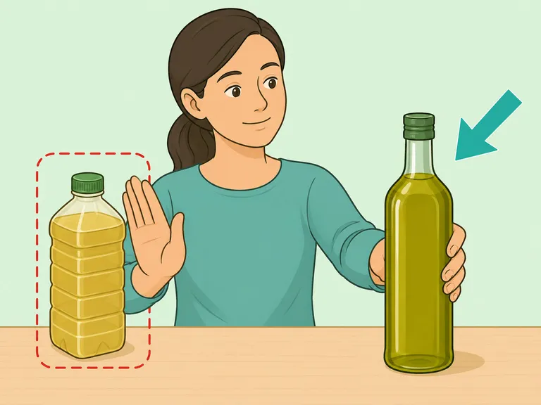 A person reducing plasticizer exposure by choosing a cleaner olive oil bottle.