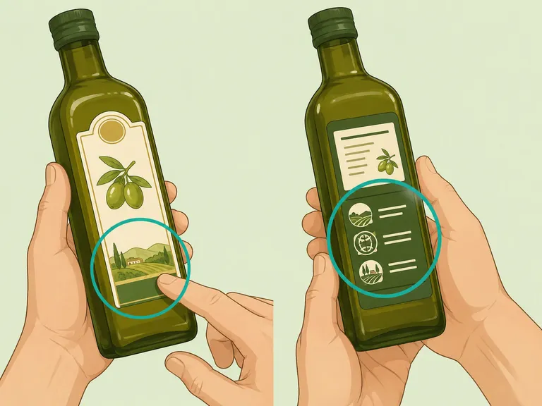 Hands checking the grade and origin on an olive oil label.