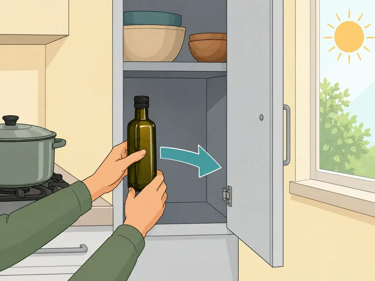 A small dark olive oil bottle stored in a cool cupboard.