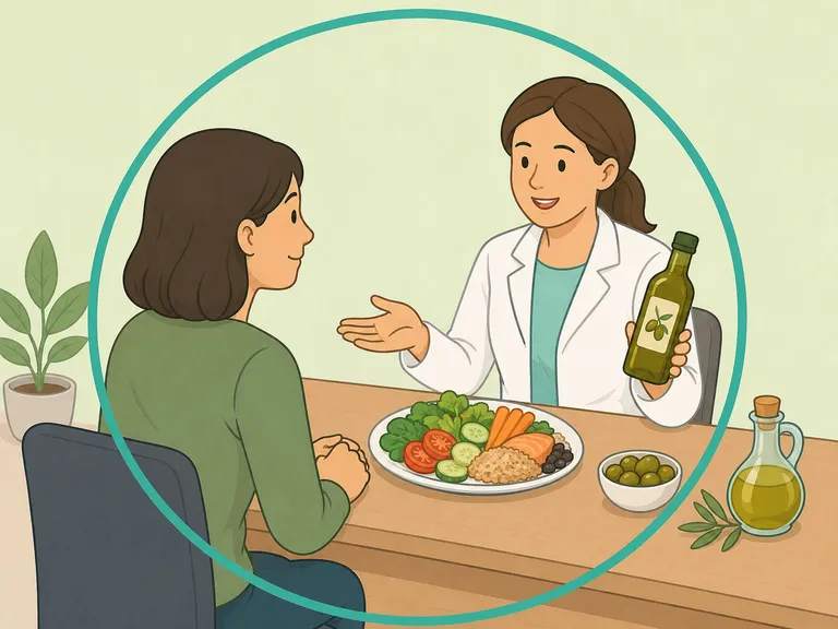 A person asking a health professional about olive oil and diet changes.