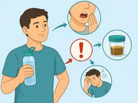 Illustration of a person checking common signs of dehydration with a water bottle nearby.