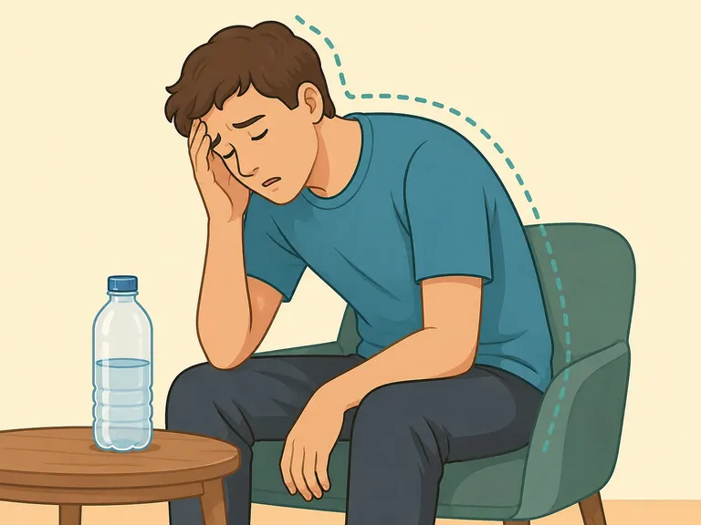 Tired person sitting beside a water bottle.