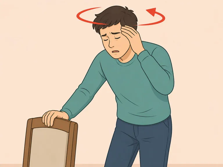 Person feeling dizzy and holding a chair for balance.
