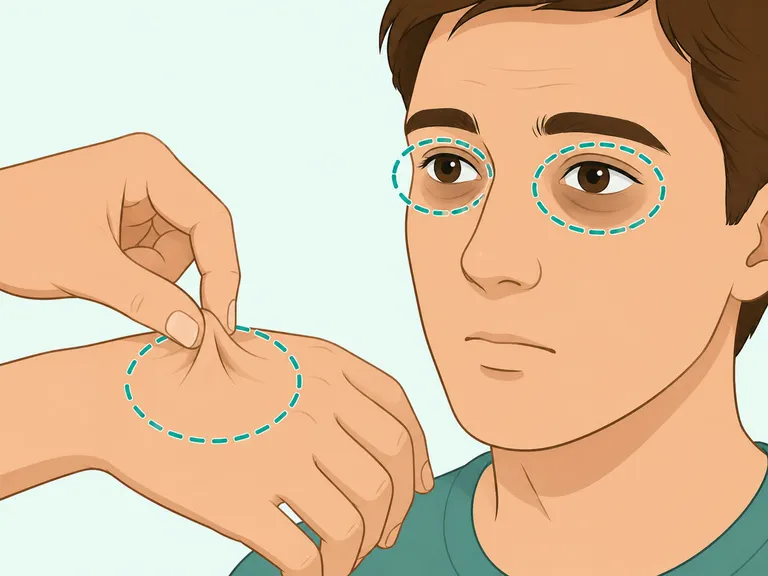 Checking skin rebound and sunken eyes as possible dehydration signs.