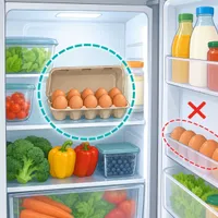Illustration of eggs stored in their carton on an interior refrigerator shelf.