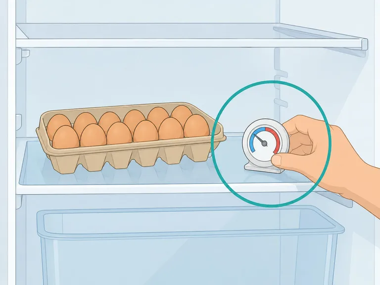 Refrigerator thermometer next to an egg carton on a cold shelf.