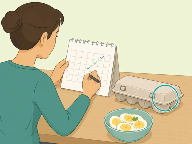 Person tracking egg storage time with a calendar and egg carton.