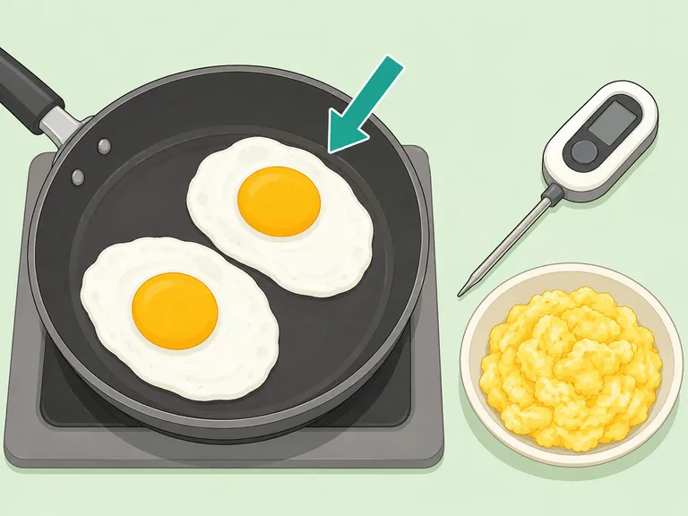 Eggs being cooked thoroughly in a pan.