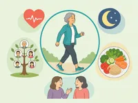 Illustration of healthy aging signs including movement, sleep, family history, diet, and social connection.