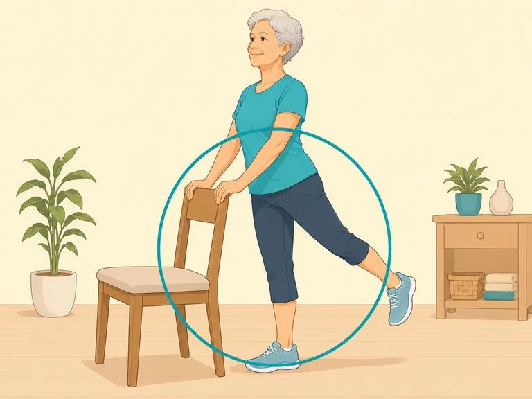 Older adult practicing strength and balance with a chair.