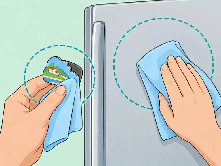 Cleaning behind fridge magnets with a soft cloth.