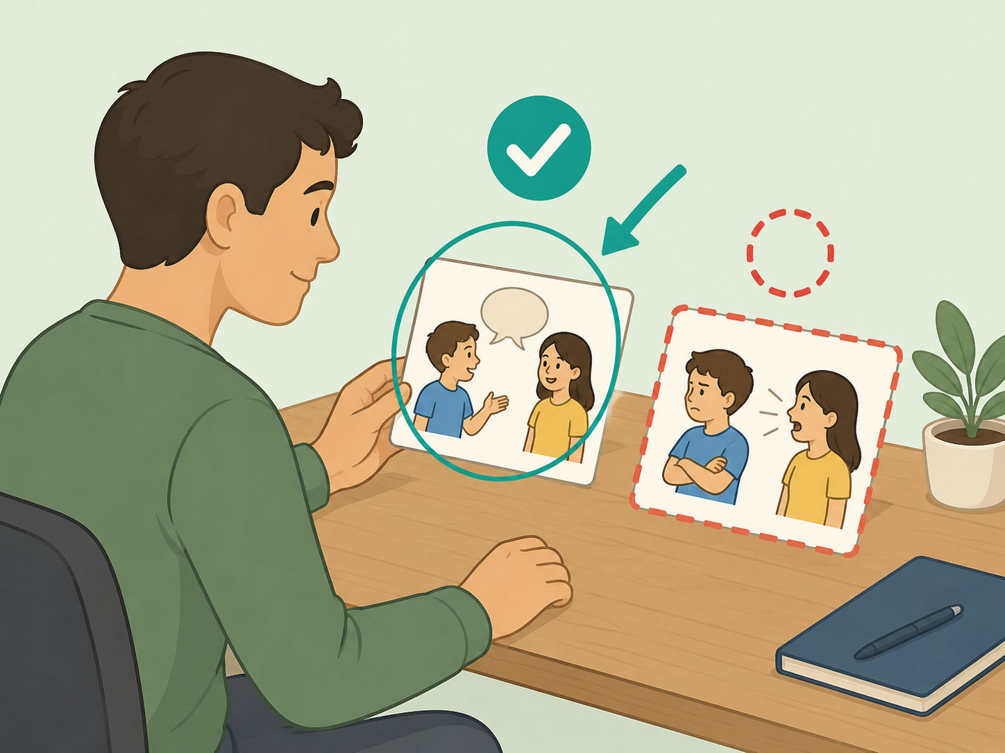 Illustration of a person choosing the correct French grammar form from two options.