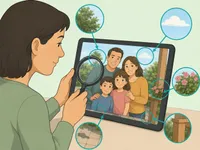 Person inspecting a family photo for small unusual details.