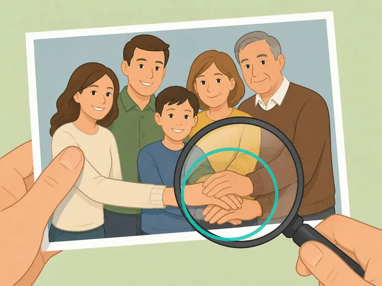 Magnifying glass checking hands and clothing details in a family photo.