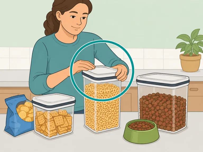 Person storing food and pet food in sealed containers.