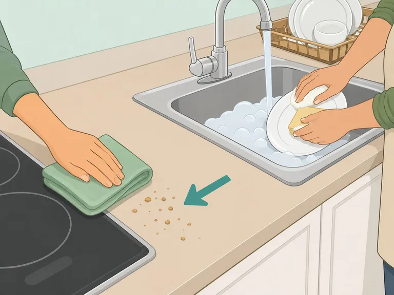 Hands cleaning crumbs, grease, and dishes before bedtime.
