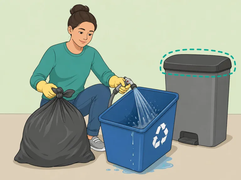 Person taking out trash and rinsing recycling to prevent cockroaches.