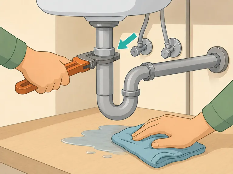Hands fixing a leak and drying damp space under a sink.