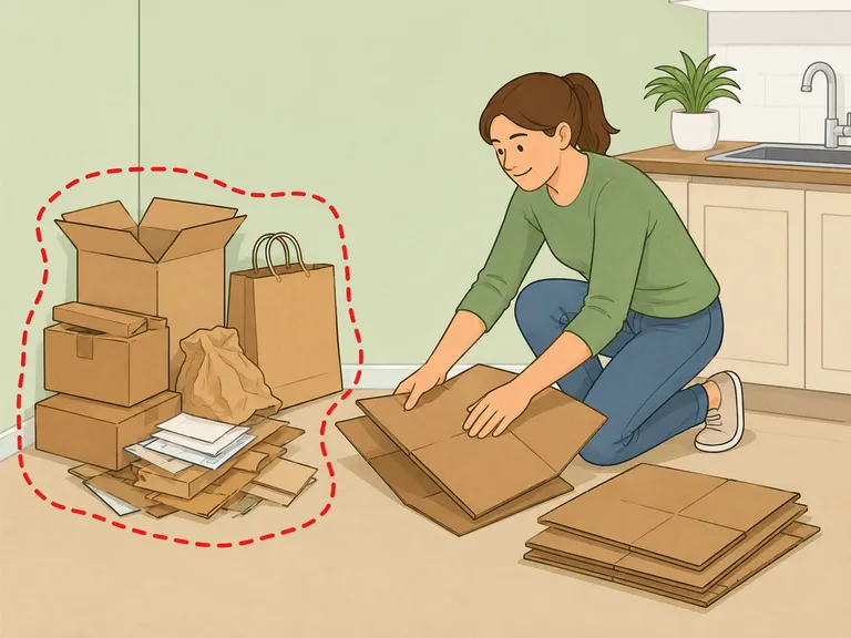 Person removing cardboard boxes and paper clutter from a kitchen area.