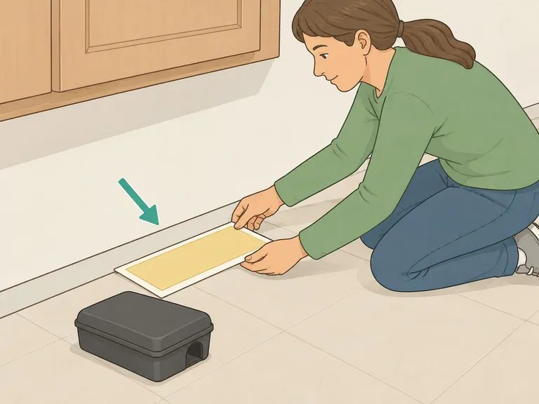 Person placing cockroach traps and bait safely along a wall edge.