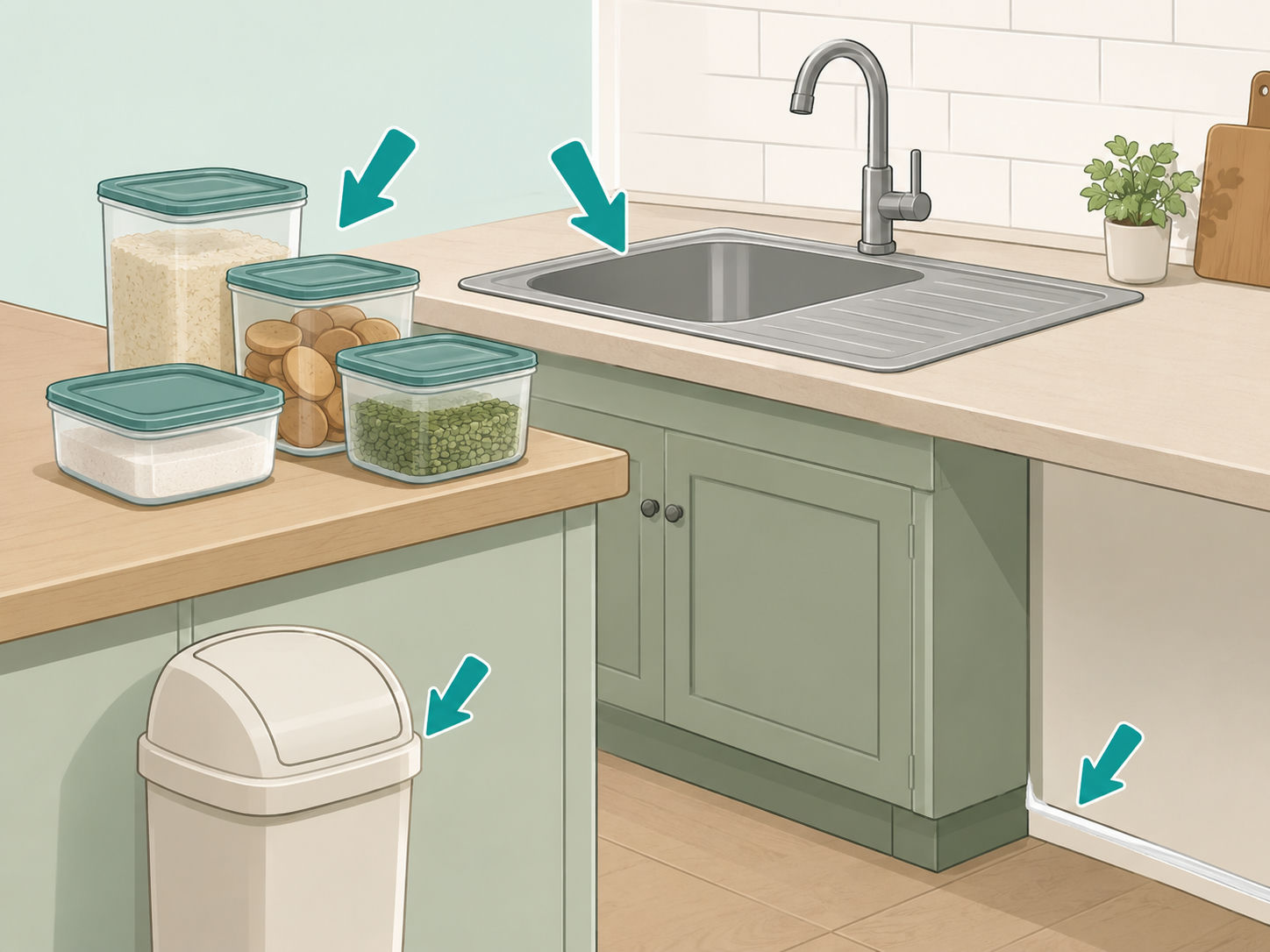 Illustration of a kitchen with sealed food, dry sink, closed trash, and sealed gaps to avoid attracting cockroaches.