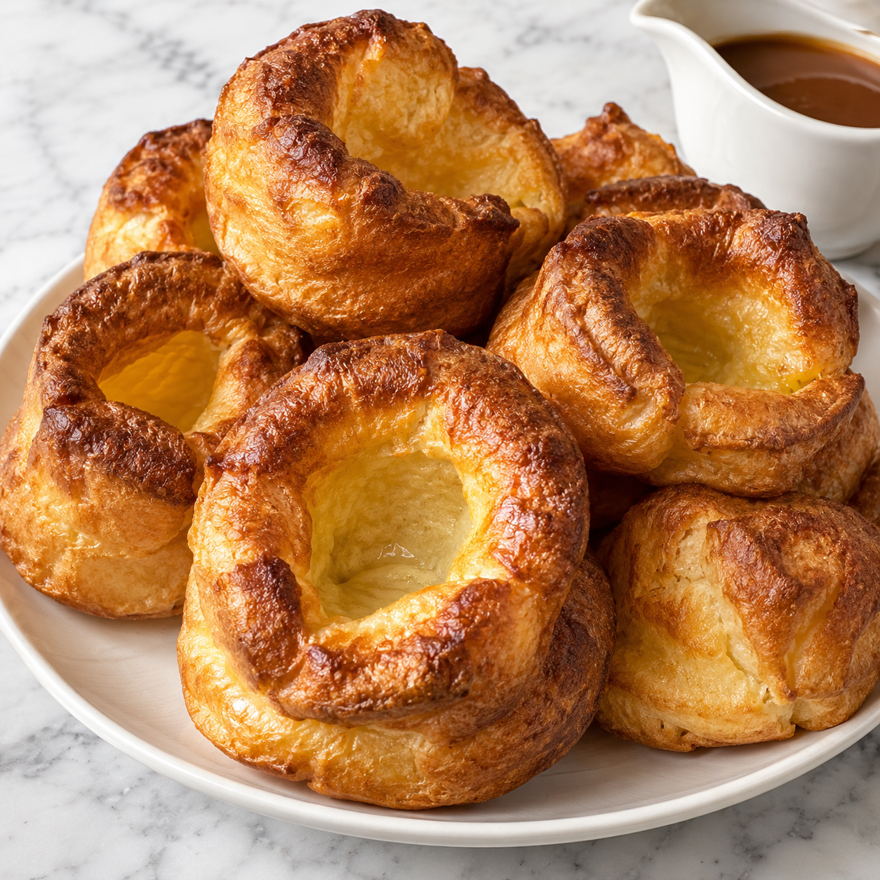 Golden Yorkshire puddings with crisp edges on a white serving plate