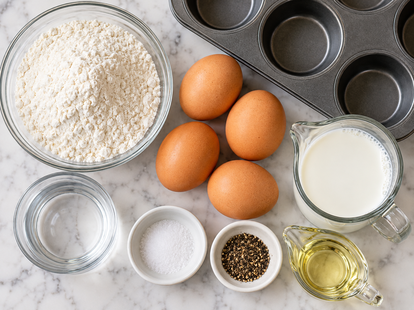 Flour, eggs, milk, oil, and muffin tin for Yorkshire puddings
